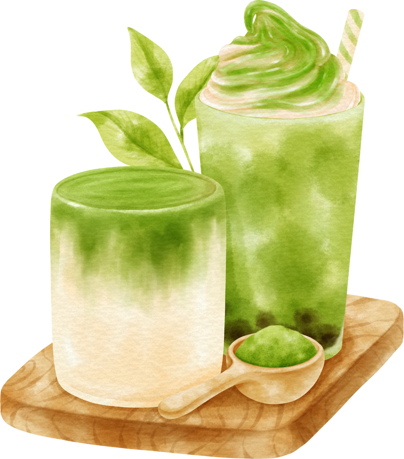 Matcha green tea latte drink composition watercolor